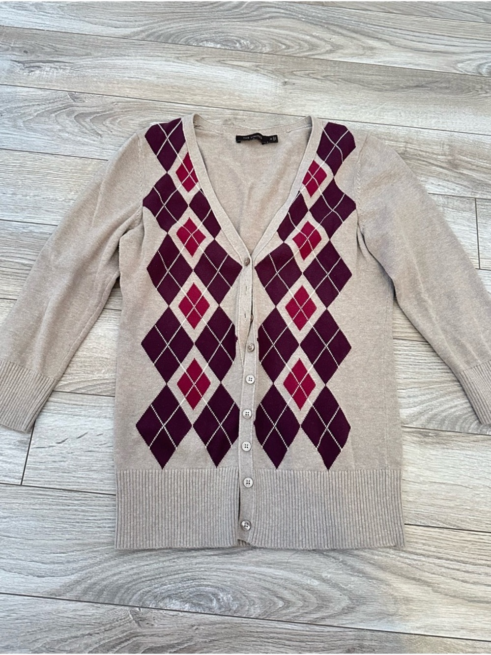 Beige Argyle V-Neck Button Cardigan Sweater - Women's
